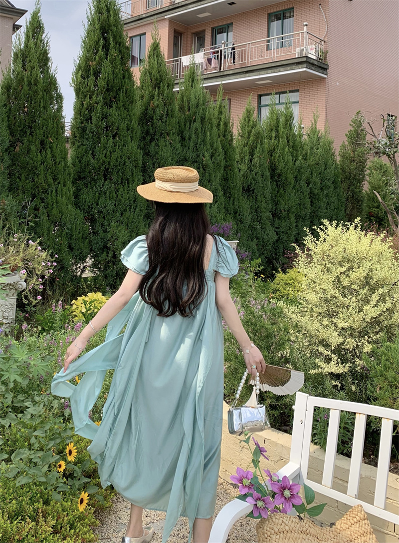 小君君布蘭妮 日落甜茶 小飛袖重工飄帶裙女夏新款中長款連衣裙子