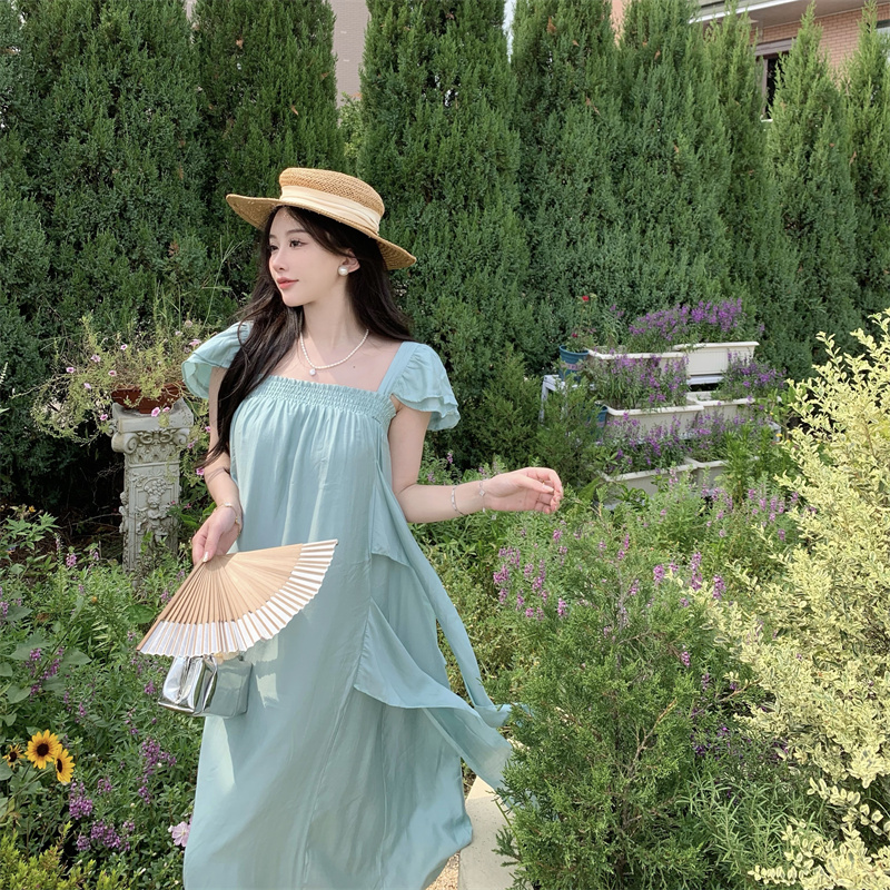 小君君布蘭妮 日落甜茶 小飛袖重工飄帶裙女夏新款中長款連衣裙子