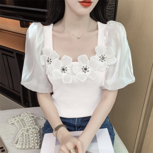 RM7043#重工钉珠镶钻立体花朵气质方领短款雪纺泡泡袖针织衫