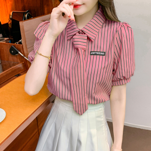 RM14251#学院风潮流条纹系领带短袖衬衫2023实拍夏季新款女衫