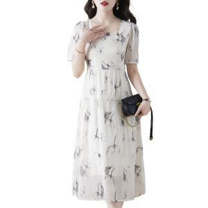 RM7915#水墨画连衣裙女夏季新款仙女气质雪纺收腰显瘦碎花长裙