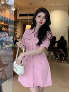 TR29919# 夏季韩版收腰显瘦短袖彩色连衣裙气质小个子裙子 服装批发女装服饰货源