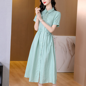 RM11992#连衣裙女高端气质苎麻妈妈装夏季文艺刺绣收腰显瘦棉麻衬衫裙