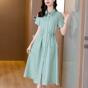 RM11992#连衣裙女高端气质苎麻妈妈装夏季文艺刺绣收腰显瘦棉麻衬衫裙