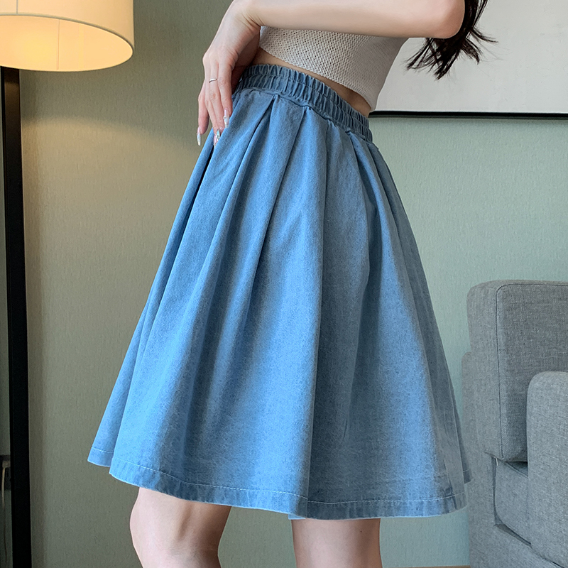 Real shot of denim pure cotton shorts skirt for women thin large size fat sister drawstring loose wide leg pants skirt fake two-piece summer