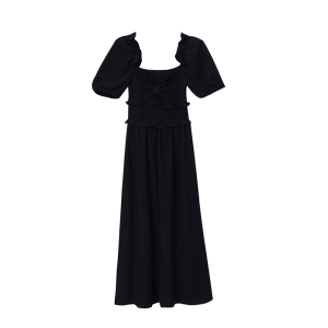 RM8684#法式甜美方领泡泡袖连衣裙女夏季黑色裙子胖妹妹收腰显瘦长裙