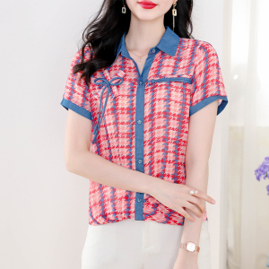RM6980#夏季新款减龄牛仔拼色短袖雪纺衬衫女气质韩版休闲上衣