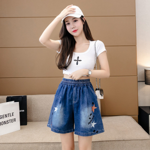 RM7342#刺绣星星牛仔短裤女2023夏季百搭时尚高腰休闲宽松阔腿裤