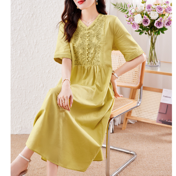 RM11990#连衣裙2023夏季新款牙签短袖苎麻刺绣单件长裙