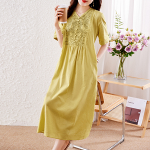 RM11990#连衣裙2023夏季新款牙签短袖苎麻刺绣单件长裙