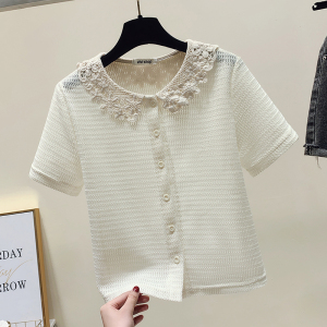RM18075#夏季新款通勤韩版甜美针织短袖翻领设计感上衣女