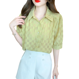 RM14096#夏季新款韩版时尚洋气设计感格子百搭显瘦短袖雪纺衬衫