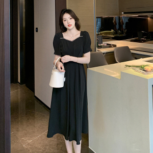 RM12689#赫本风方领黑色连衣裙女夏季设计感收腰显瘦气质长裙