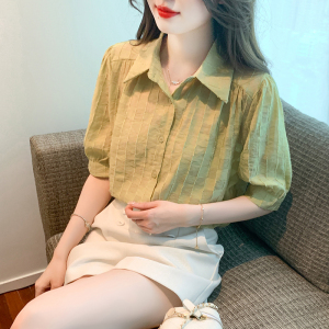 RM14096#夏季新款韩版时尚洋气设计感格子百搭显瘦短袖雪纺衬衫