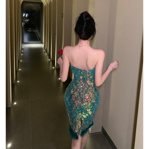 RM11054#新款女装名媛风绿色珠片修身包臀旅游聚会晚礼服连衣裙
