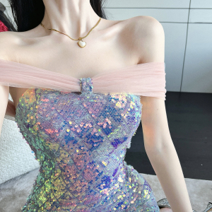 RM20181#女装名媛风彩色珠片露肩一字领修身包臀聚会礼服连衣裙