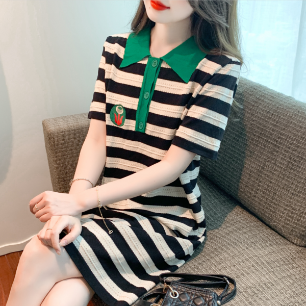 RM7185#夏季新款POLO领条纹休闲连衣裙甜美减龄针织短袖中长裙