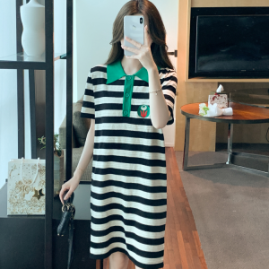 RM7185#夏季新款POLO领条纹休闲连衣裙甜美减龄针织短袖中长裙