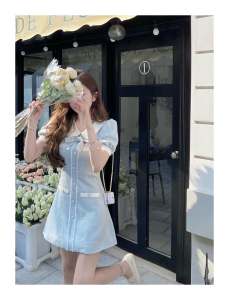RM8366#法式蓝色娃娃领小香风连衣裙女夏季高级感小众设计小个子收腰裙子