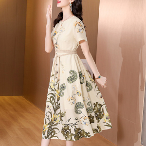 RM7077#新款夏装短袖印花收腰显瘦中长款连衣裙气质宴会礼服女