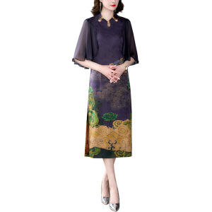 RM7140#中式复古印花民族风仙女裙精致花罗香云纱旗袍改良年轻款妈妈装
