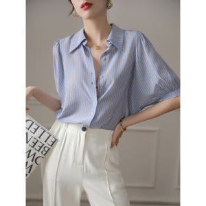 RM18369#蓝色条纹真丝衬衫女夏设计感小众短袖休闲宽松气质高端桑蚕丝衬衣