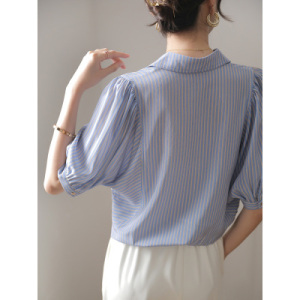 RM18369#蓝色条纹真丝衬衫女夏设计感小众短袖休闲宽松气质高端桑蚕丝衬衣