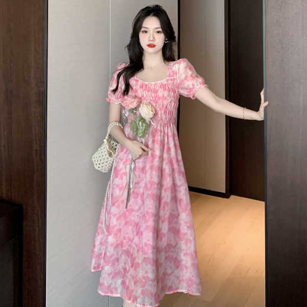 RM6666#夏季新款方领珍珠褶皱泡泡袖甜美小清新印花长款连衣裙