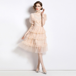 RM16259#气质网纱珠片绣2023夏新款设计感小众泡泡袖蕾丝蛋糕裙