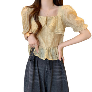 RM6523#大码女装2023夏季新款洋气减龄方领甜美泡泡袖雪纺衫上衣