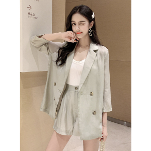RM7173#夏款Chic韩版双排扣防晒纯色小西装两件套三件套装女