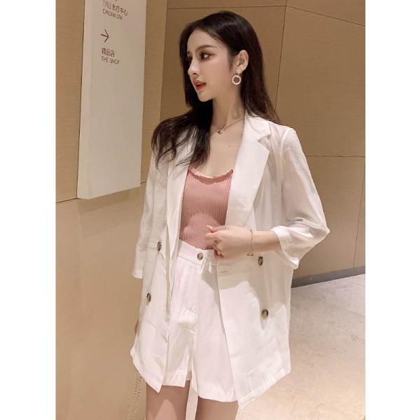 RM7173#夏款Chic韩版双排扣防晒纯色小西装两件套三件套装女