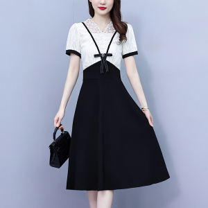 TR21462# 夏季新款韩版洋气减龄蕾丝撞色拼接设计感百搭短袖连衣裙女
