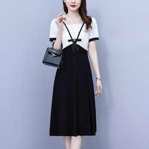 TR21462# 夏季新款韩版洋气减龄蕾丝撞色拼接设计感百搭短袖连衣裙女