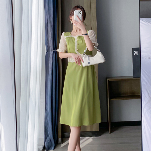 RM15550#夏季新款法式方领蝴蝶结系带网纱拼接A字中长款连衣裙