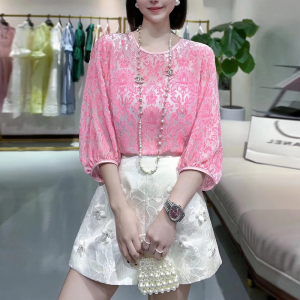 RM6520#春夏新款气质女神范真丝绒烧花上衣法式设计感高贵洋气衬衫粉