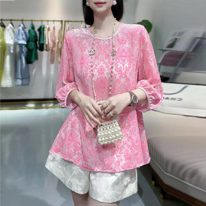 RM6520#春夏新款气质女神范真丝绒烧花上衣法式设计感高贵洋气衬衫粉