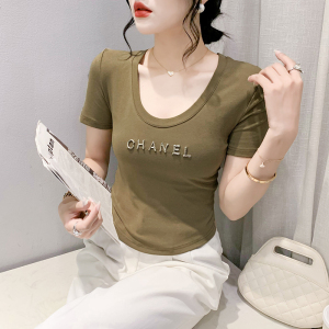 TR23551# 夏季新款钉珠V领简约短袖韩版T恤短款修身上衣 服装批发女装服饰货源