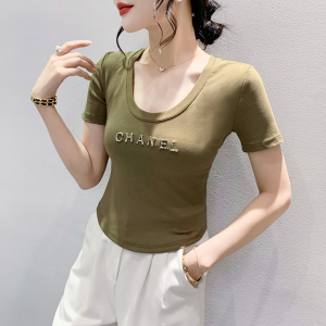 TR23551# 夏季新款钉珠V领简约短袖韩版T恤短款修身上衣 服装批发女装服饰货源