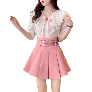 RM10633#日系甜美设计感小众娃娃领蝴蝶结上衣高腰百褶半裙套装