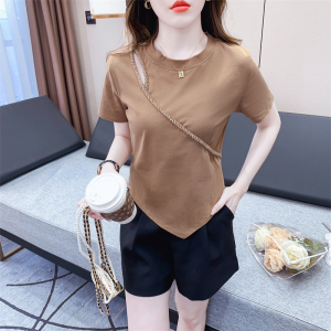 RM7045#夏季镂空钉钻不规则短袖T恤女纯棉上衣