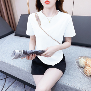 RM7045#夏季镂空钉钻不规则短袖T恤女纯棉上衣