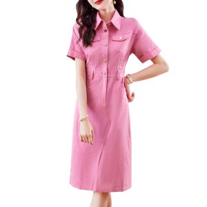 TR26712# 夏新款法式设计感小众Polo领粉色休闲衬衫连衣裙女 服装批发女装批发货源