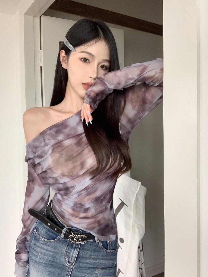 Actual shot of Korean style slimming pure desire one-shoulder long-sleeved ink flower mesh bottoming shirt sun protection clothing