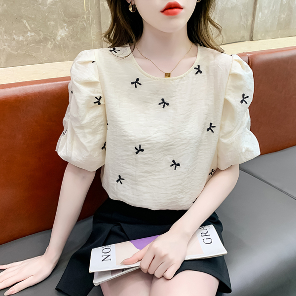 RM16260#欧货圆领短袖雪纺衫女夏新款设计感刺绣蝴蝶结洋气小衫