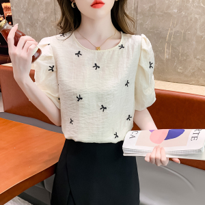 RM16260#欧货圆领短袖雪纺衫女夏新款设计感刺绣蝴蝶结洋气小衫