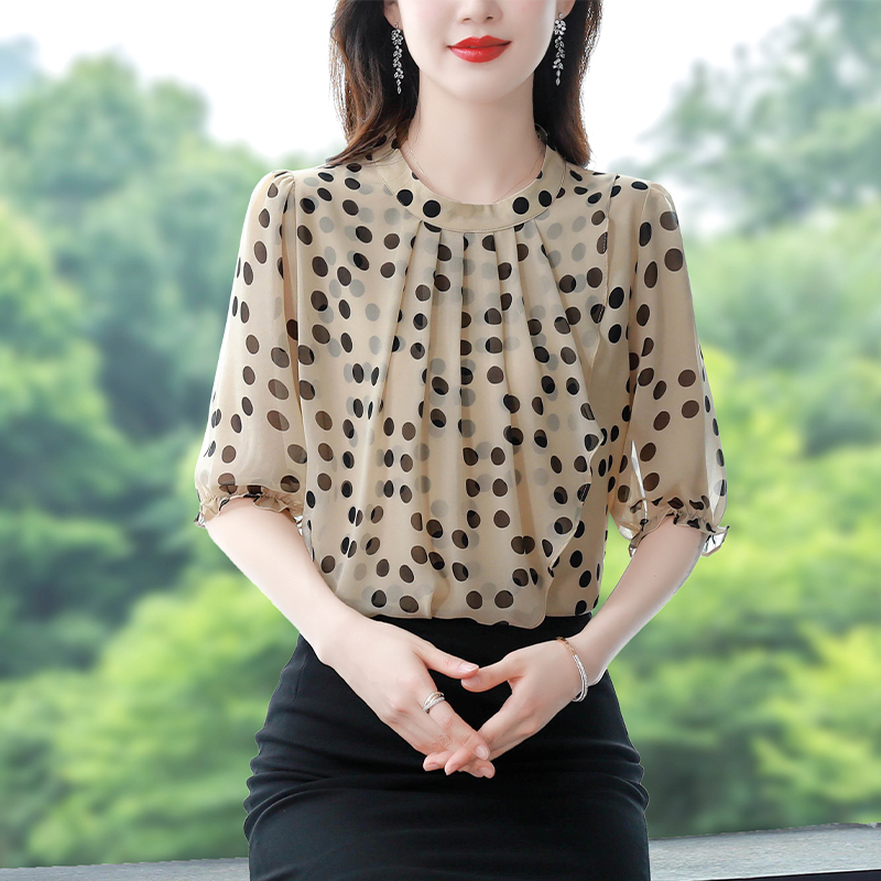 2025夏季新款大碼女裝波點雪紡衫女寬松遮肚子減齡洋氣小衫