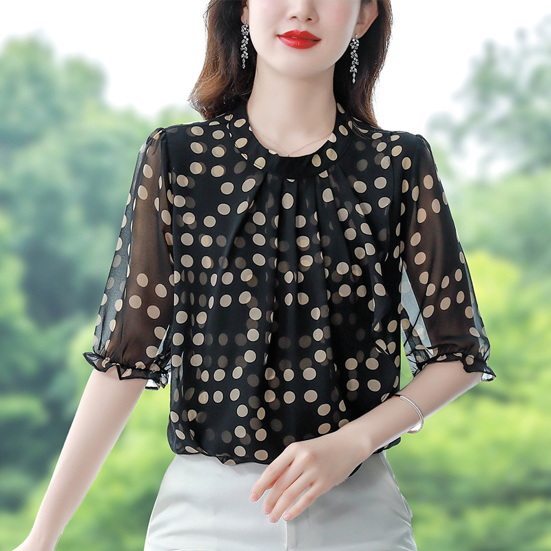 2025夏季新款大碼女裝波點雪紡衫女寬松遮肚子減齡洋氣小衫