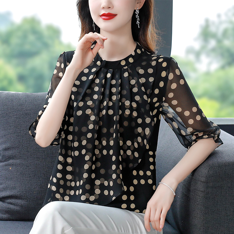 2025夏季新款大碼女裝波點雪紡衫女寬松遮肚子減齡洋氣小衫