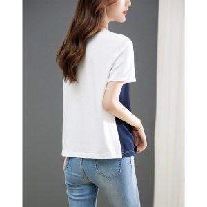 RM7073#时尚设计感T恤女2023年夏季新款气质休闲撞色拼接上衣短袖
